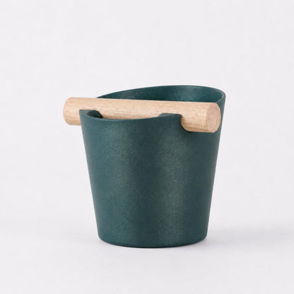 KNOCDIC Nordic Coffee Knock Box with galaxy green finish and real oak wood bar for espresso puck disposal.