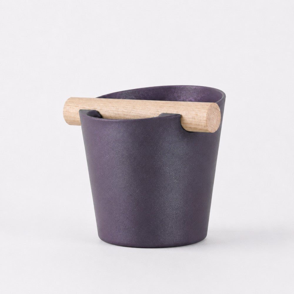 KNOCDIC® Nordic Coffee Knock Box with real oak wood bar, purple finish, designed for espresso preparation and coffee bar use