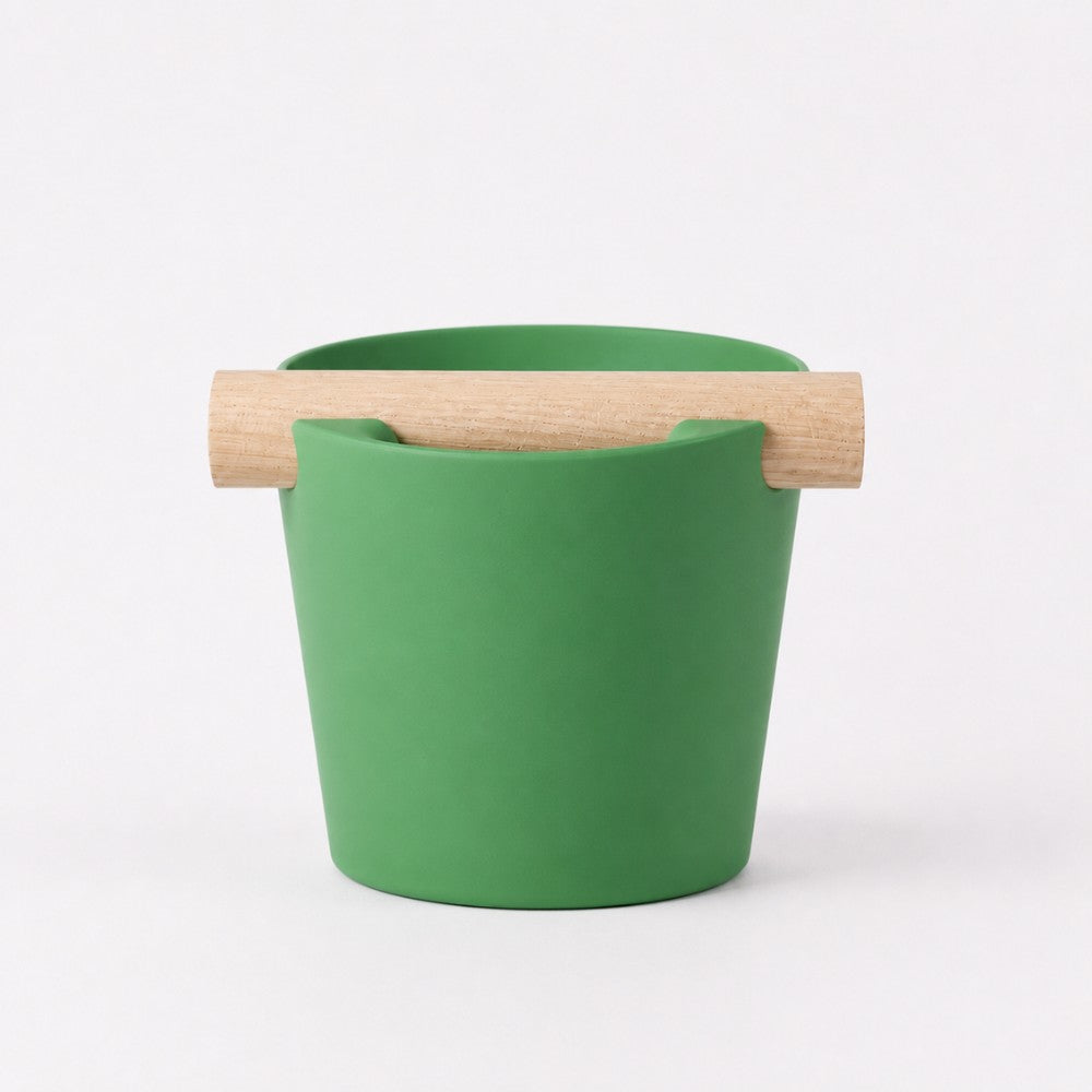 Nordic Coffee Knock Box by KNOCDIC® with green finish and real oak wood bar for espresso pucks.