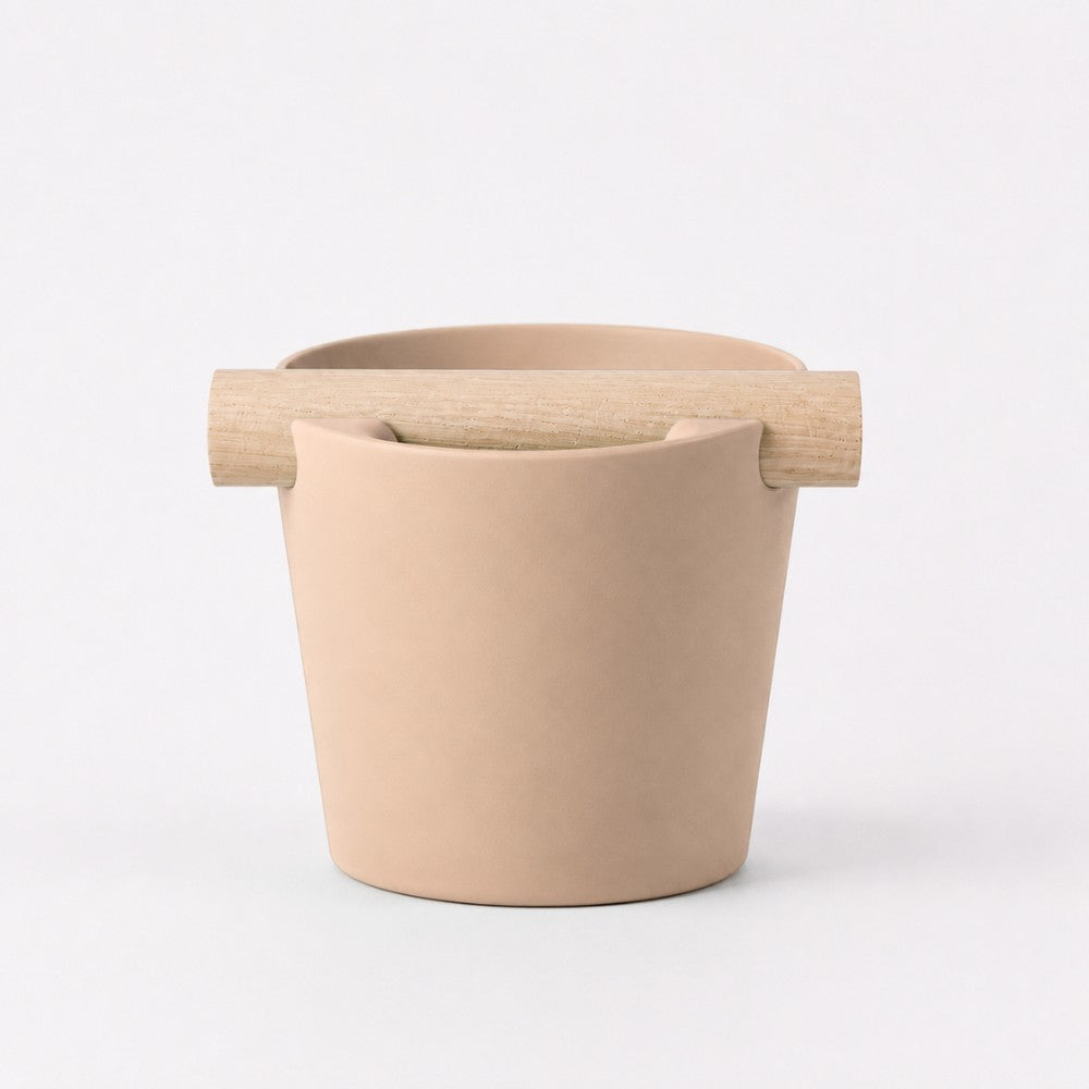 KNOCDIC® Nordic Coffee Knock Box with latte brown finish and real oak wood bar for espresso machine portafilter cleaning.