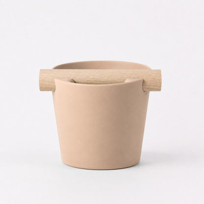 KNOCDIC® Nordic Coffee Knock Box with latte brown finish and real oak wood bar for espresso machine portafilter cleaning.