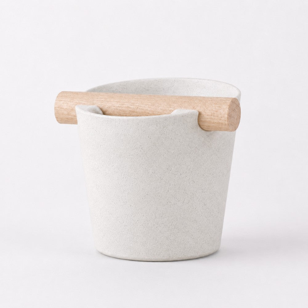 KNOCDIC Nordic Coffee Knock Box with marble white finish and real oak wood bar for espresso puck disposal