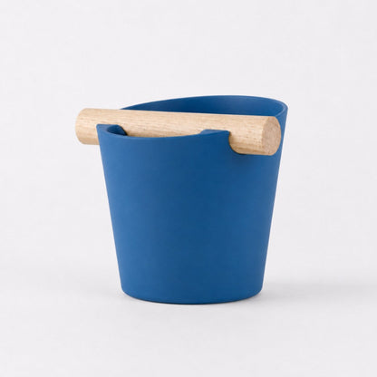 Nordic Coffee Knock Box by KNOCDIC® with marine blue finish and real oak wood bar for espresso shot disposal.