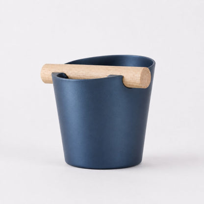 KNOCDIC Nordic Coffee Knock Box with real oak wood bar, metallic blue finish, for espresso shot grounds cleanup.