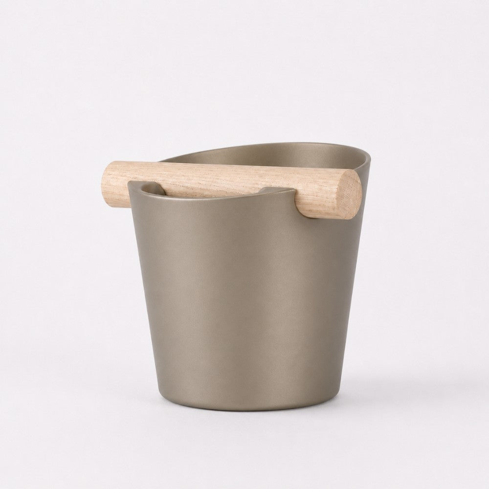 KNOCDIC® Nordic Coffee Knock Box with metallic gold finish and real oak wood bar for espresso shot cleanup.