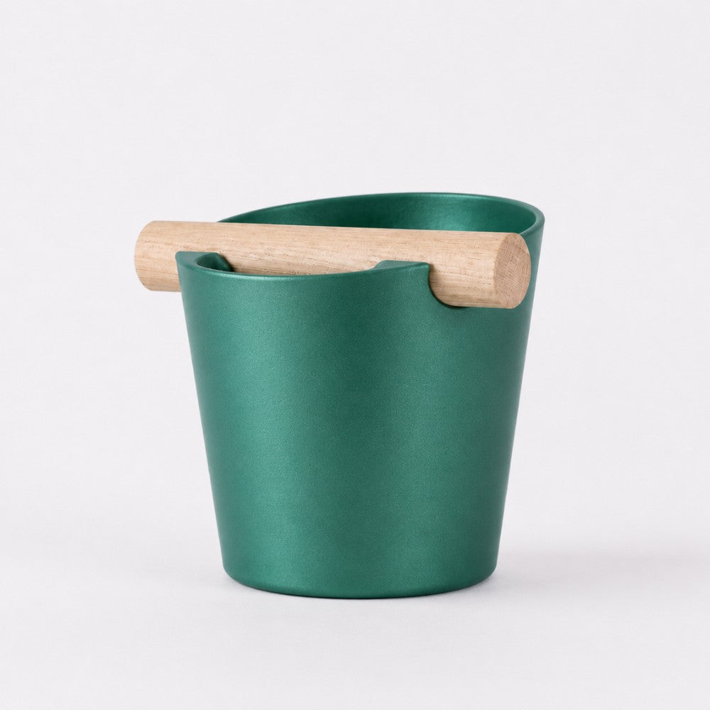 KNOCDIC® Nordic Coffee Knock Box with metallic green finish and real oak wood bar for espresso puck disposal.