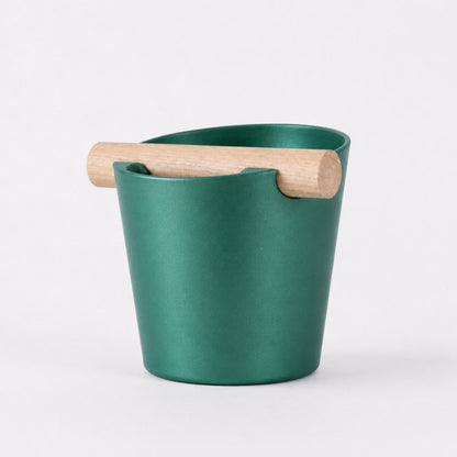 KNOCDIC® Nordic Coffee Knock Box with metallic green finish and real oak wood bar for espresso puck disposal.