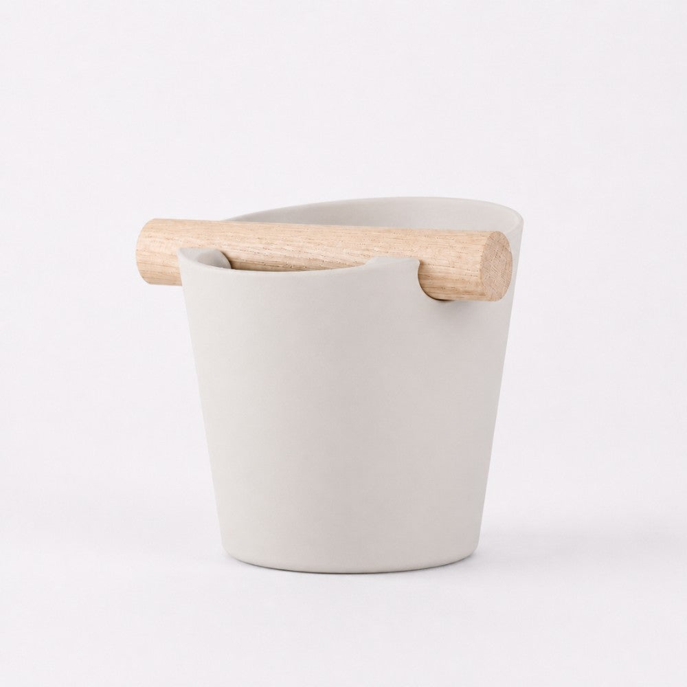 KNOCDIC® Nordic Coffee Knock Box with off-white finish and real oak wood bar for espresso shot disposal.