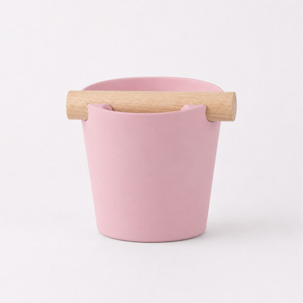 Pink Nordic Coffee Knock Box with real oak wood bar by KNOCDIC® for espresso grounds disposal.