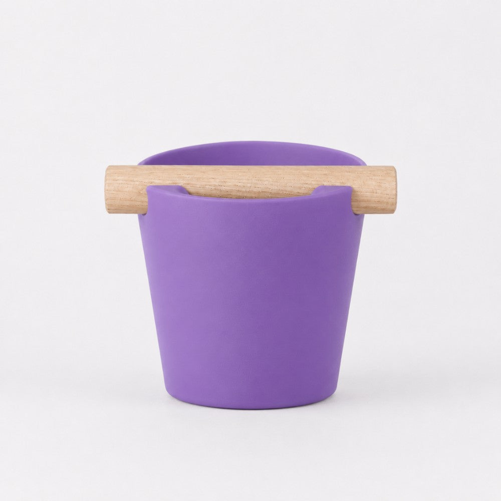 KNOCDIC Nordic Coffee Knock Box with purple finish and real oak wood bar for espresso shot disposal and barista use.