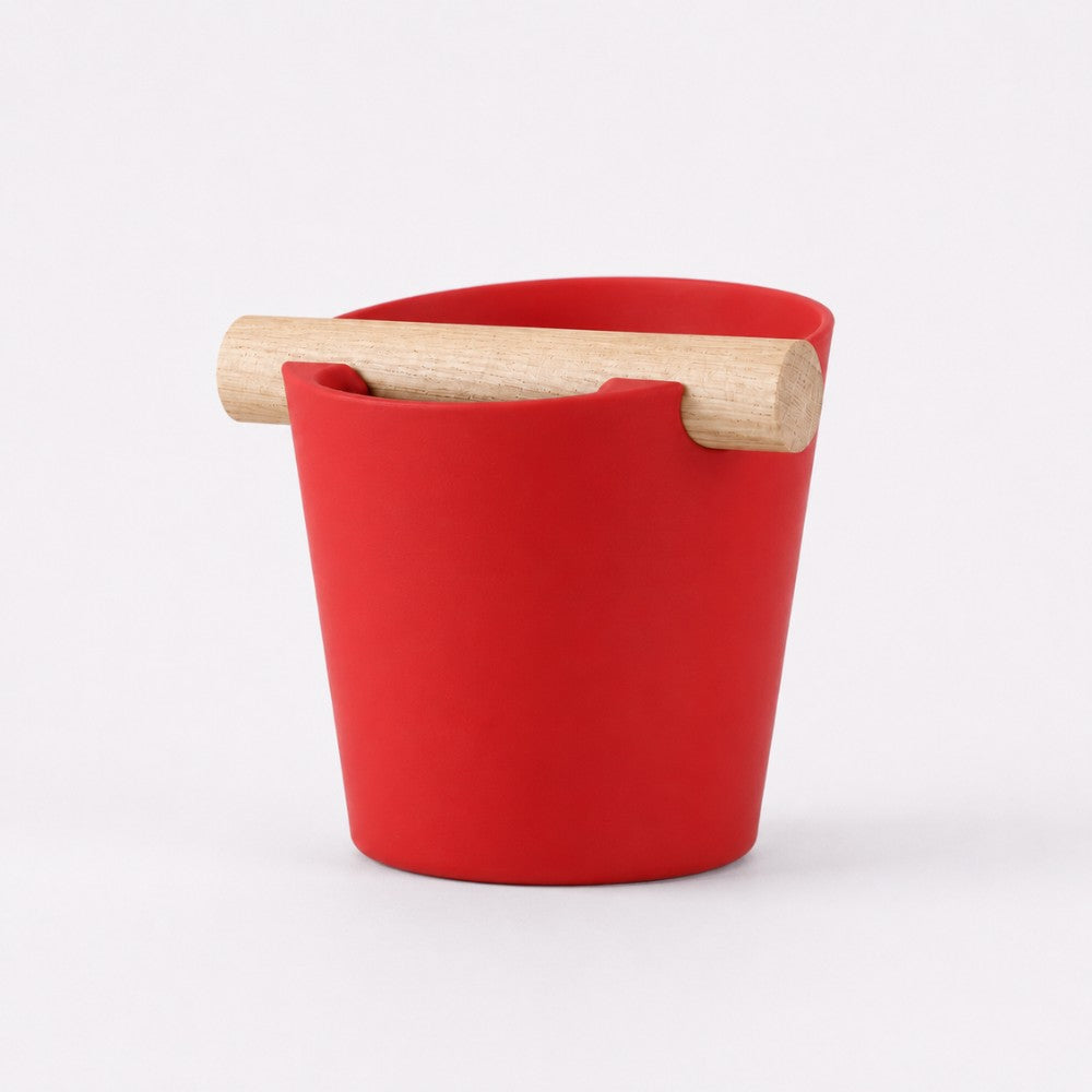 Red Nordic Coffee Knock Box by KNOCDIC® with real oak wood bar for espresso puck disposal.