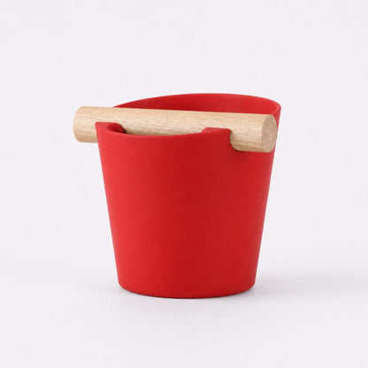 Red Nordic Coffee Knock Box by KNOCDIC® with real oak wood bar for espresso puck disposal.