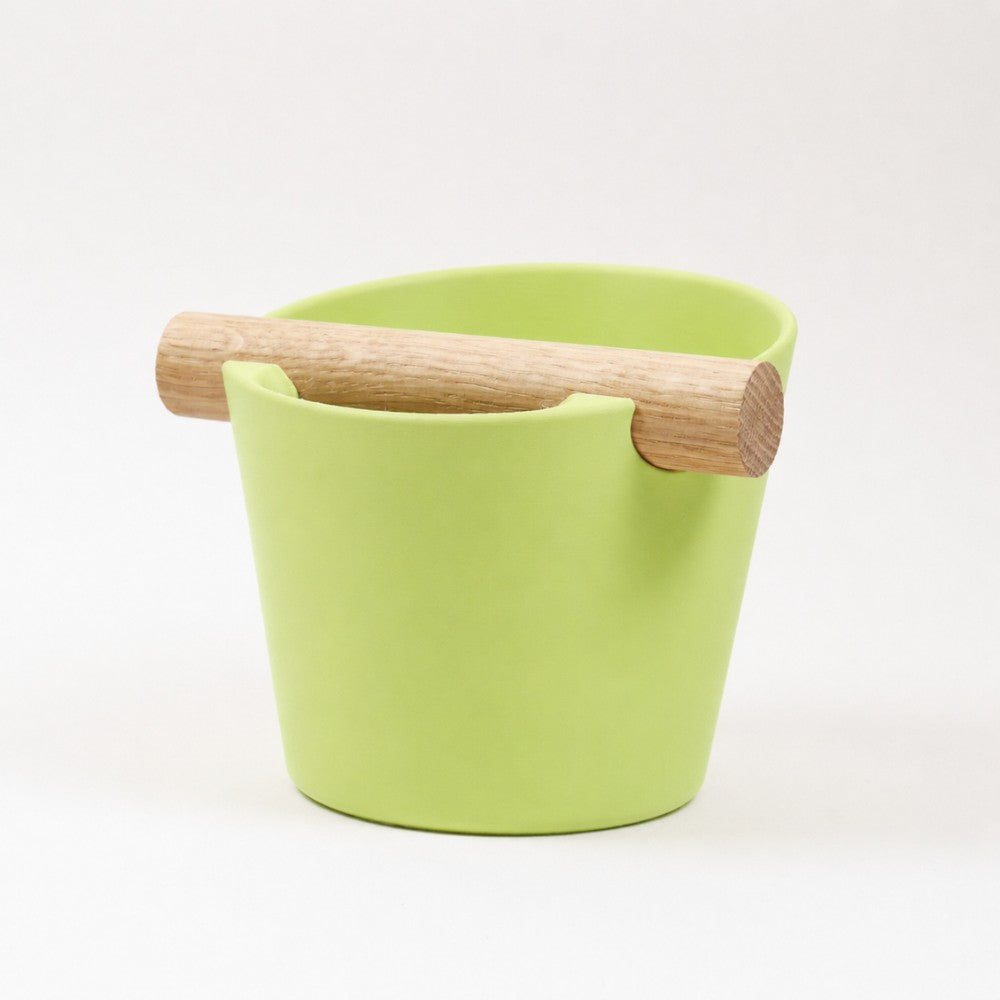 Nordic Coffee Knock Box by KNOCDIC® with real oak wood bar in apple green for espresso coffee grounds cleanup.