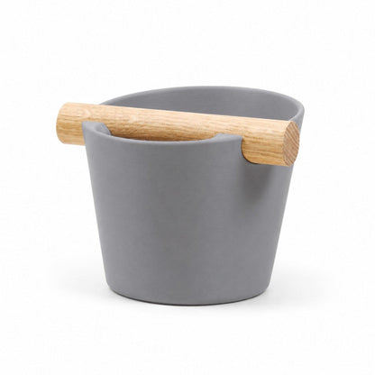 Nordic Coffee Knock Box by KNOCDIC® with ash grey finish and real oak wood bar for espresso puck disposal.