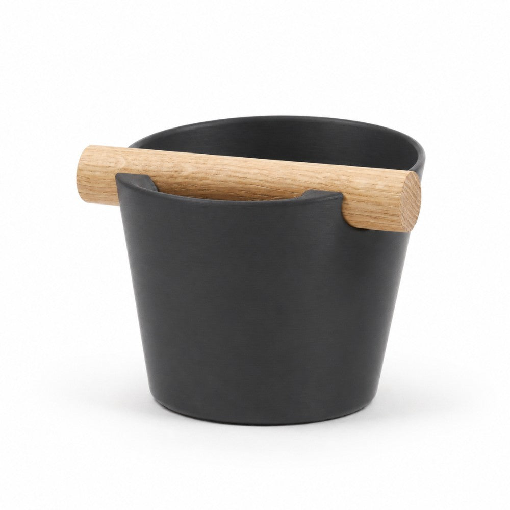Nordic coffee knock box by KNOCDIC® with a charcoal finish and real oak wood bar for espresso machine use.