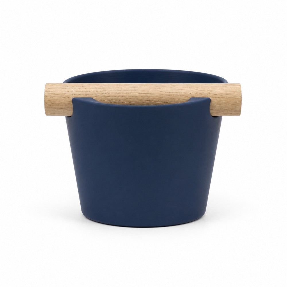 Dark blue Nordic Coffee Knock Box by KNOCDIC® with a real oak wood bar for espresso puck disposal.