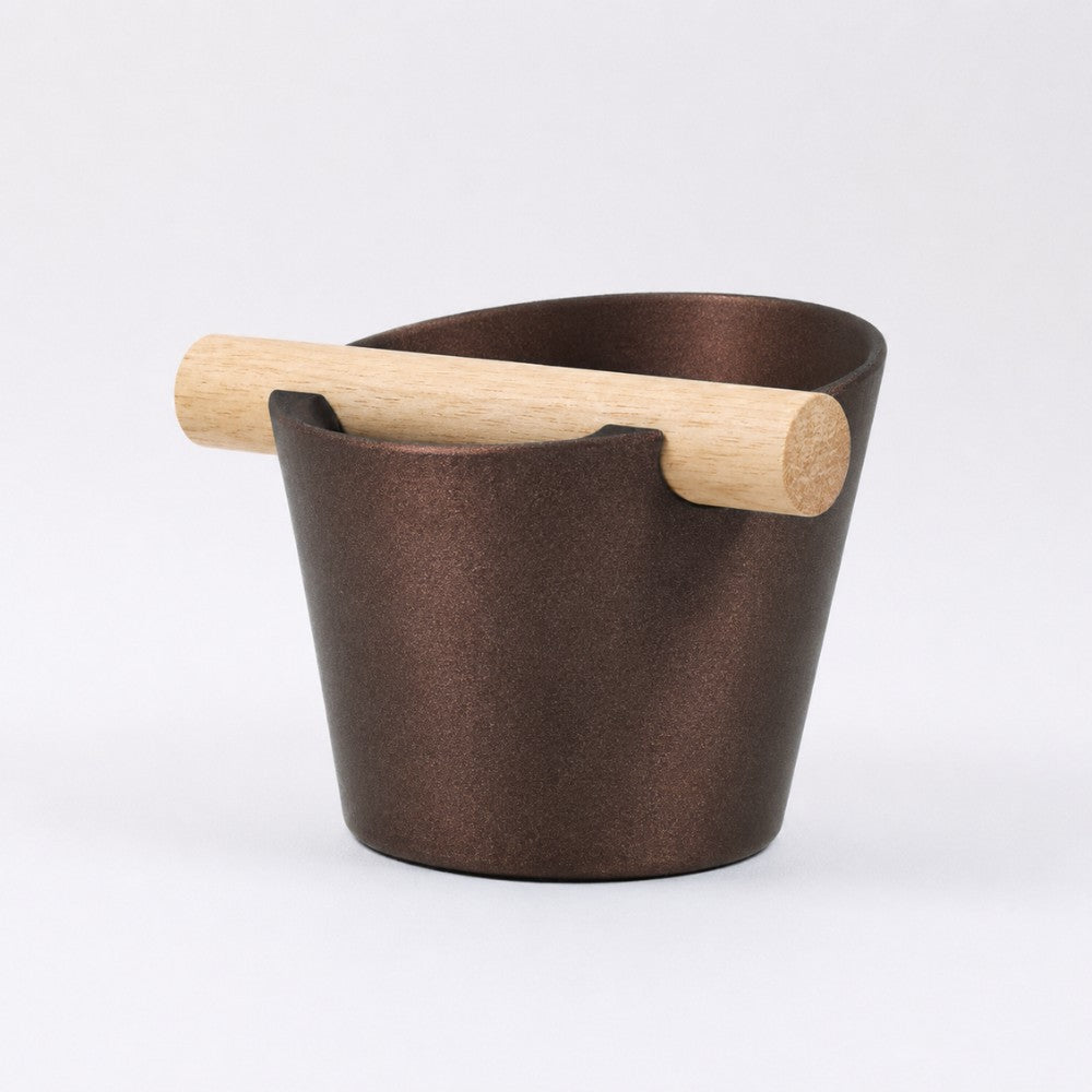 KNOCDIC® Nordic Coffee Knock Box with galaxy brown finish and real oak wood bar for espresso machine portafilter cleaning.