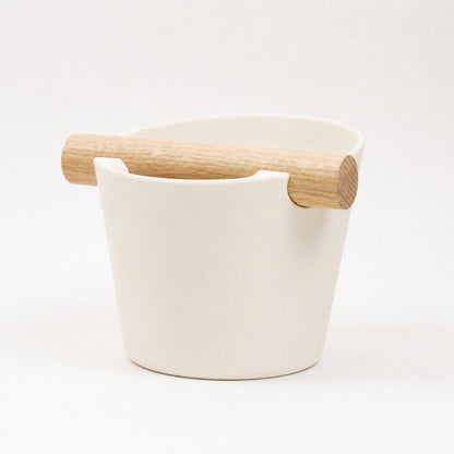 Nordic Coffee Knock Box by KNOCDIC® with real oak wood bar, ivory white finish, used for espresso puck disposal.