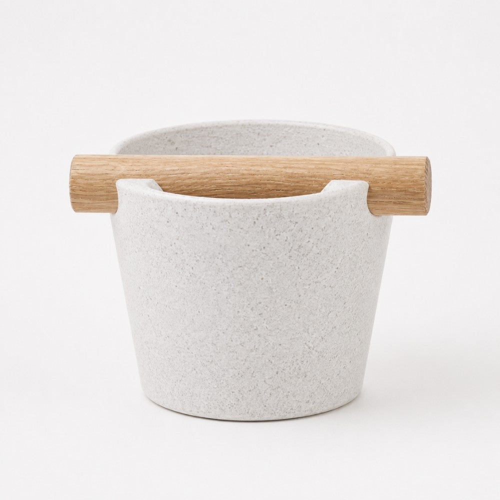 KNOCDIC® Nordic Coffee Knock Box with marble white exterior and real oak wood bar for espresso machine use.