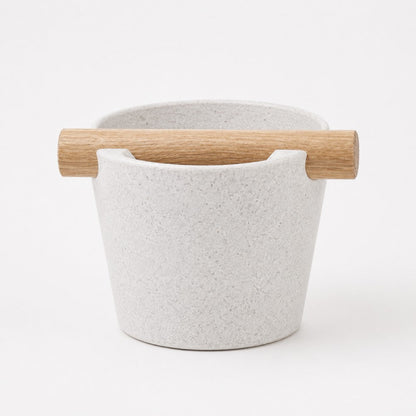 KNOCDIC® Nordic Coffee Knock Box with marble white exterior and real oak wood bar for espresso machine use.