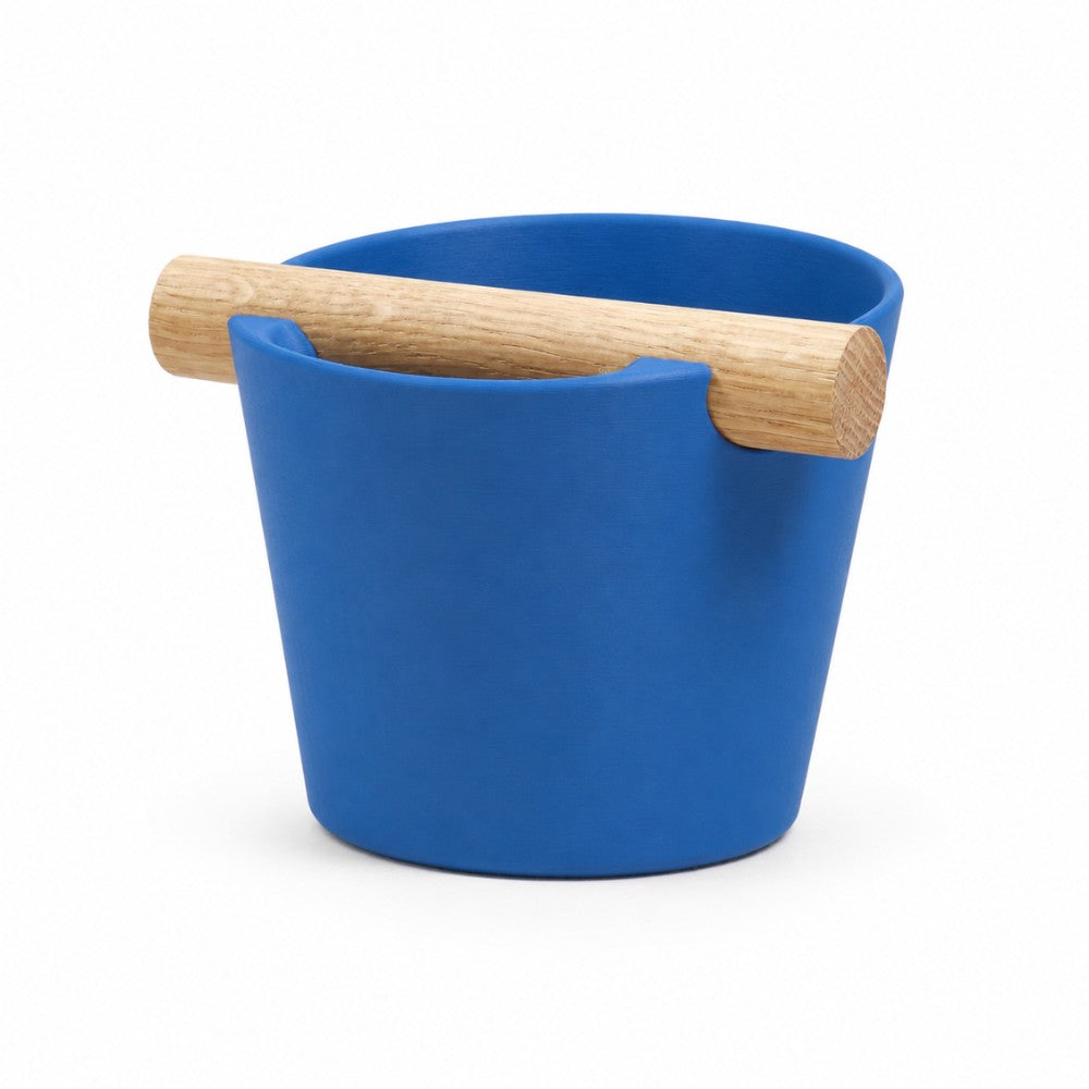 Nordic Coffee knock box by KNOCDIC® with marine blue finish and real oak wood bar for espresso coffee grounds disposal