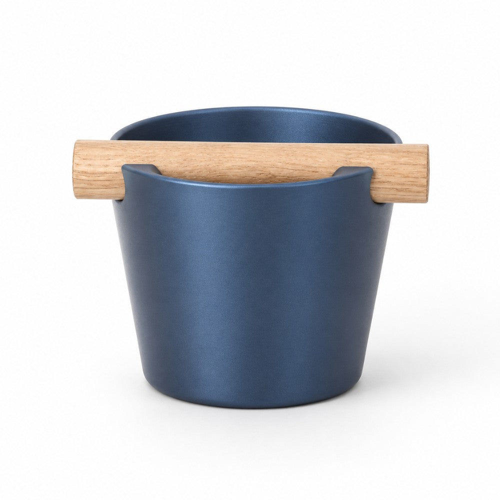 Nordic Coffee Knock Box by KNOCDIC® with metallic blue finish and real oak wood bar for espresso grounds disposal.
