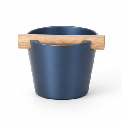 Nordic Coffee Knock Box by KNOCDIC® with metallic blue finish and real oak wood bar for espresso grounds disposal.