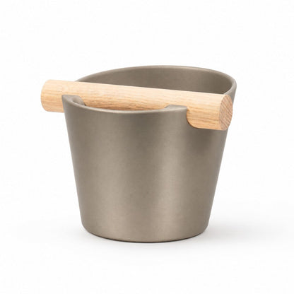 KNOCDIC® Nordic Coffee Knock Box with metallic gold finish and real oak wood bar for espresso shot disposal.
