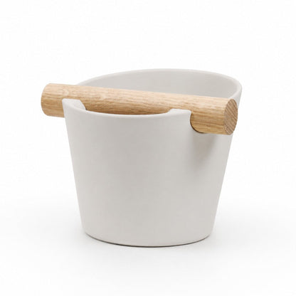 Nordic Coffee Knock Box by KNOCDIC® with off-white finish and real oak wood bar for espresso shot disposal and barista use.