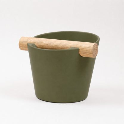 KNOCDIC Nordic Coffee Knock Box with real oak wood bar in olive green for espresso grounds disposal.