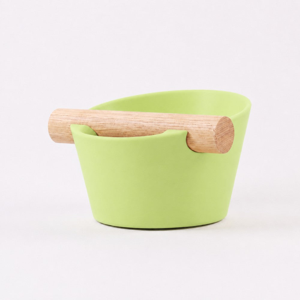 Nordic Coffee Knock Box by KNOCDIC® with real oak wood bar for espresso puck disposal, in vibrant apple green.