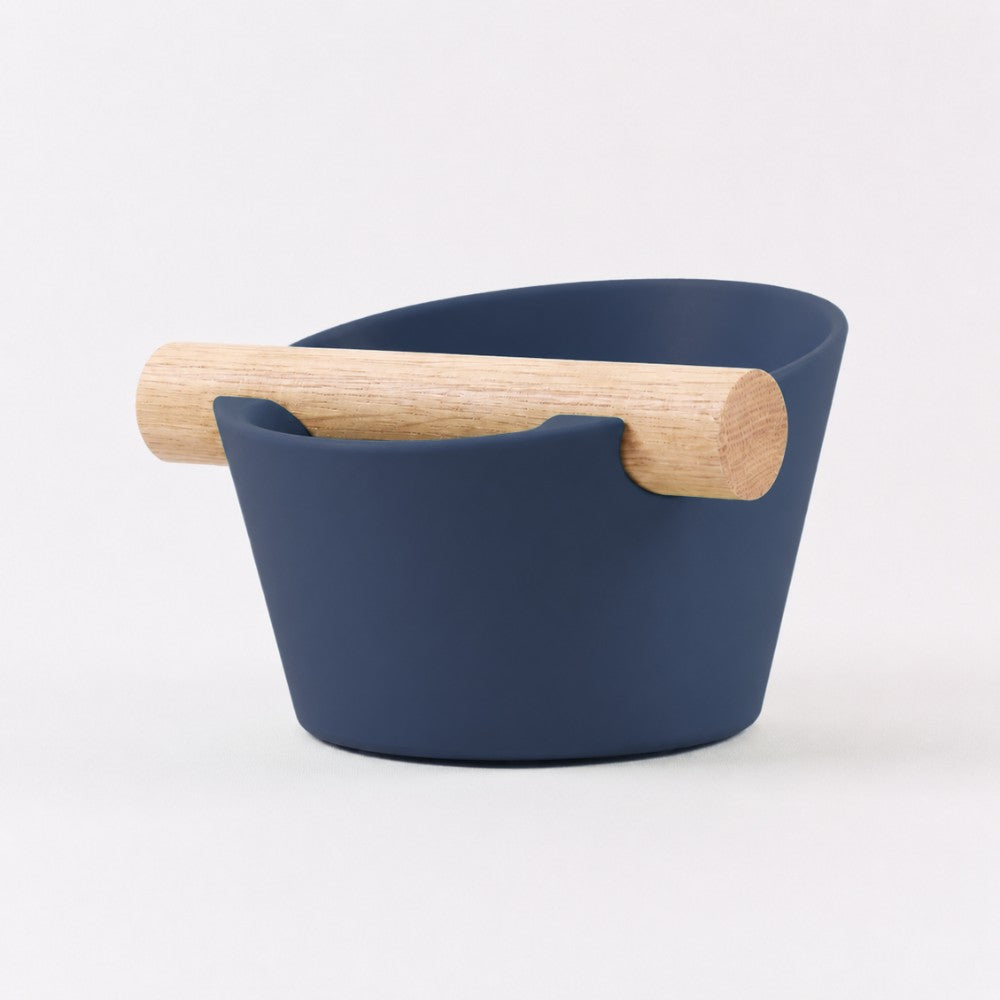 KNOCDIC Nordic Coffee Knock Box with dark blue finish and real oak wood bar for espresso grounds disposal.