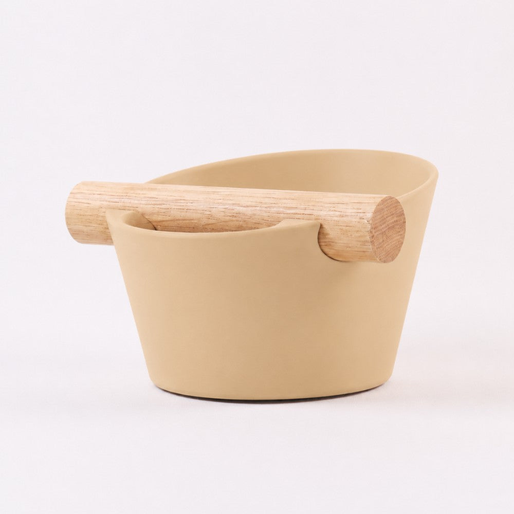 Nordic Coffee Knock Box by KNOCDIC® with real oak wood bar, in desert tan, for espresso coffee grounds disposal.