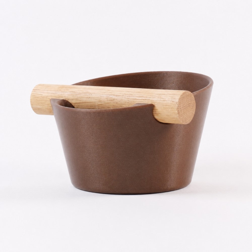 Nordic Coffee Knock Box with real oak wood bar by KNOCDIC® in galaxy brown, featuring a sturdy metal container for coffee grounds.