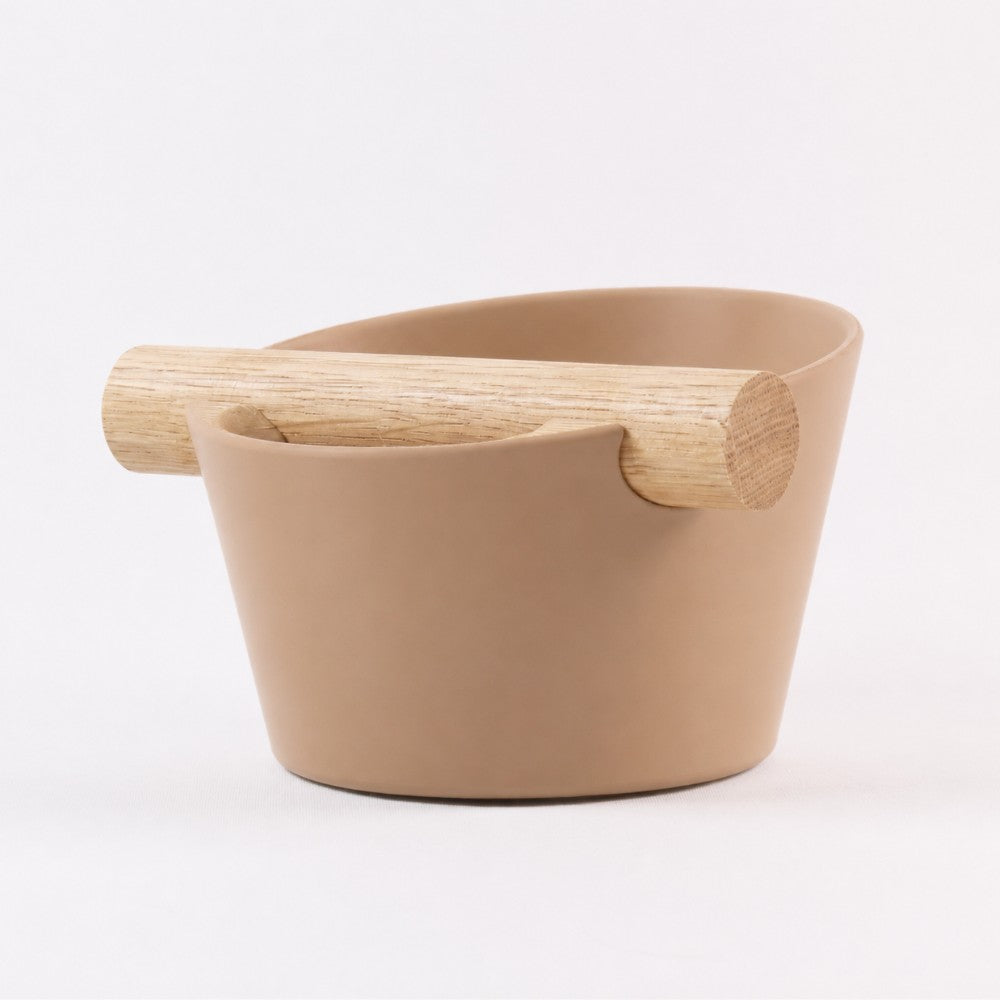 KNOCDIC Nordic Coffee Knock Box with latte brown finish and real oak wood bar for espresso pucks disposal