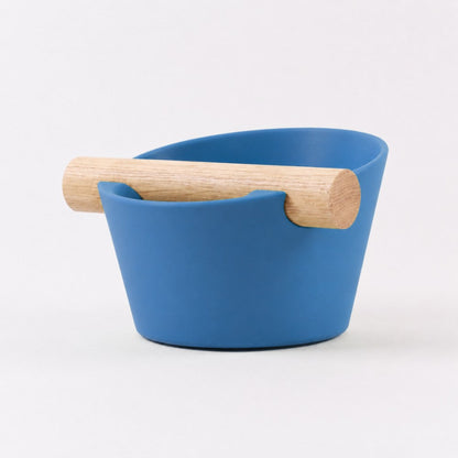 Nordic Coffee Knock Box by KNOCDIC® with marine blue finish and real oak wood bar for espresso puck disposal.