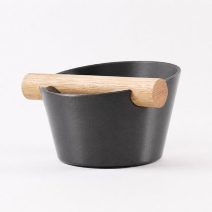 Nordic Coffee Knock Box by KNOCDIC® with metallic black finish and real oak wood bar for espresso puck disposal.