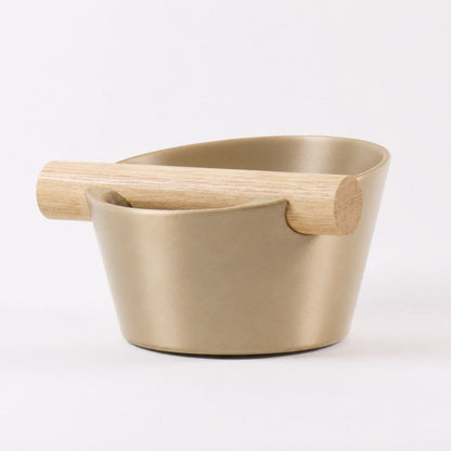 KNOCDIC® Nordic Coffee Knock Box with metallic gold finish and real oak wood bar for espresso grounds disposal.