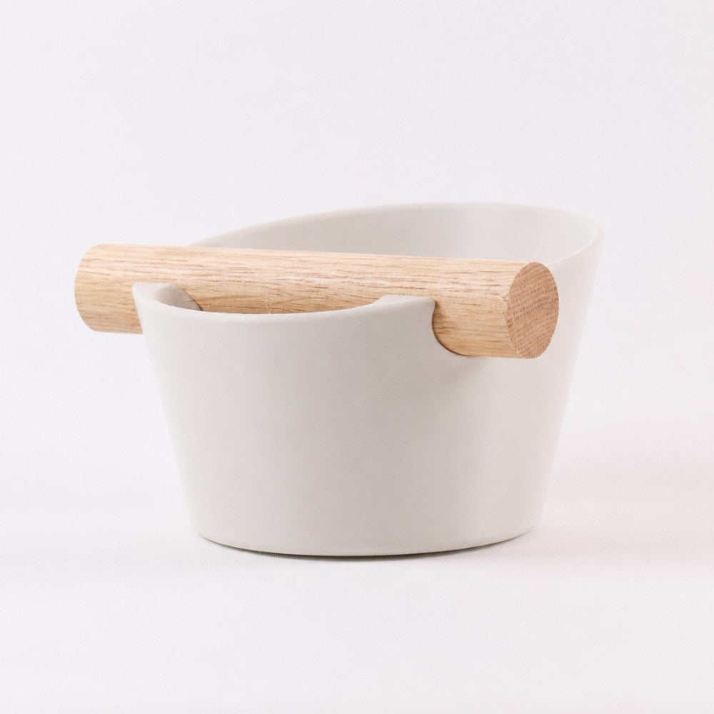 KNOCDIC Nordic Coffee Knock Box with off-white finish and real oak wood bar for espresso grounds disposal