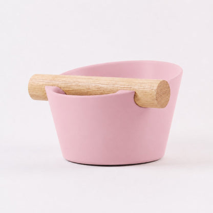 KNOCDIC® Nordic Coffee Knock Box with pink finish and real oak wood bar for espresso pucks and coffee accessories
