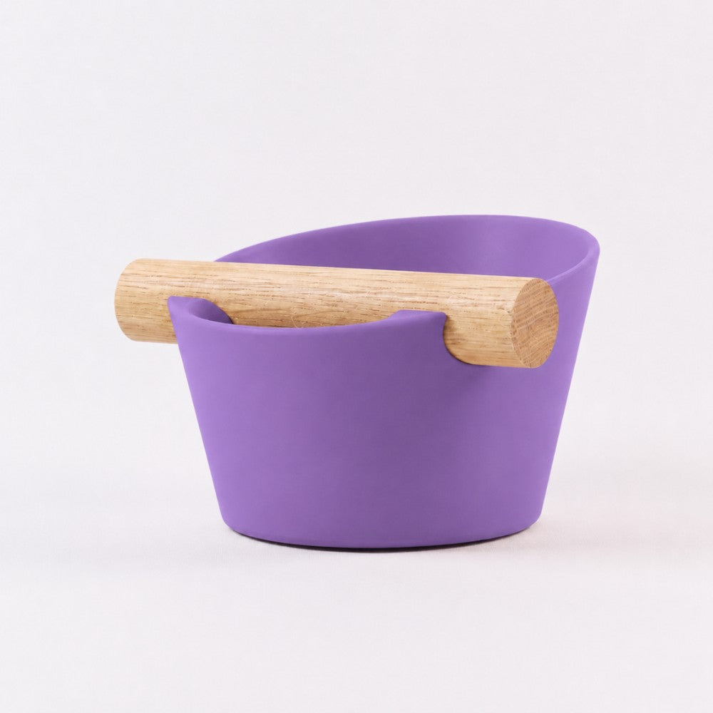 KNOCDIC® Nordic Coffee Knock Box with purple finish and real oak wood bar for espresso puck disposal.