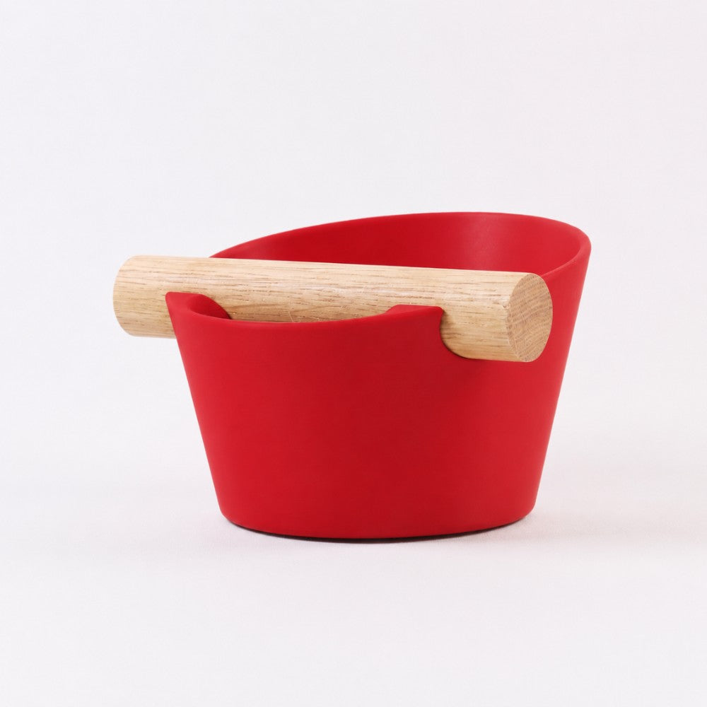 Red Nordic Coffee Knock Box with real oak wood bar, designed for espresso machine use, by KNOCDIC®.