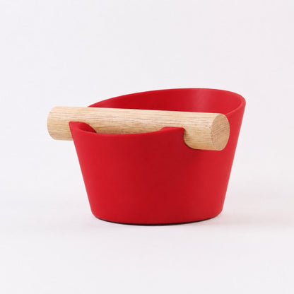 Red Nordic Coffee Knock Box with real oak wood bar, designed for espresso machine use, by KNOCDIC®.