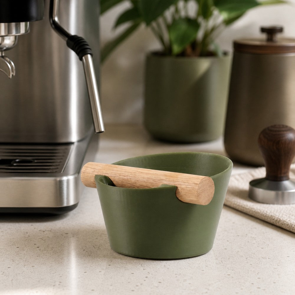 Nordic Coffee Knock Box by KNOCDIC® with real oak wood bar for easy coffee grounds disposal, shown in a stylish kitchen setting
