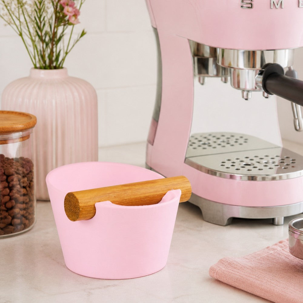 Nordic Coffee Knock Box by KNOCDIC® with real oak wood bar, shown on a countertop with coffee brewing accessories.