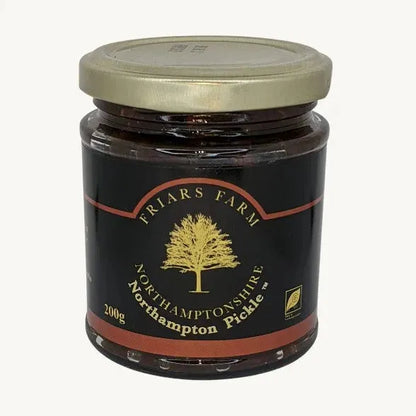 Jar of Friars Farm Northampton Pickle relish with chopped vegetables and herbs in a clear glass jar.