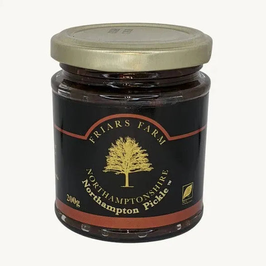 Jar of Friars Farm Northampton Pickle relish with chopped vegetables and herbs in a clear glass jar.
