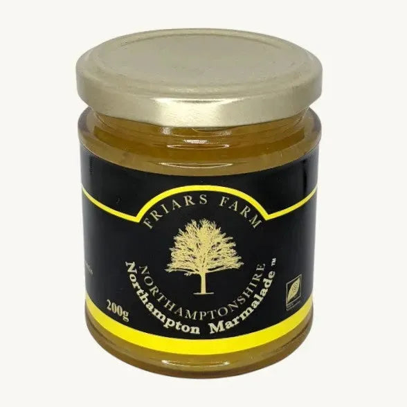 Jar of Northampton Marmalade by Friars Farm showing golden marmalade with a textured citrus peel appearance in a 200g jar.