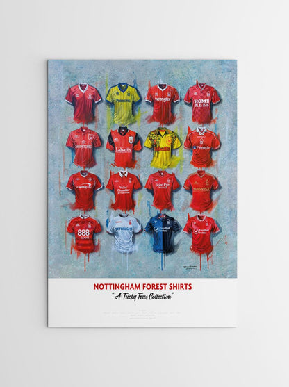 Limited edition signed Nottingham Forest FC shirts art print by Terry Kneeshaw, featuring vibrant football memorabilia artwork.