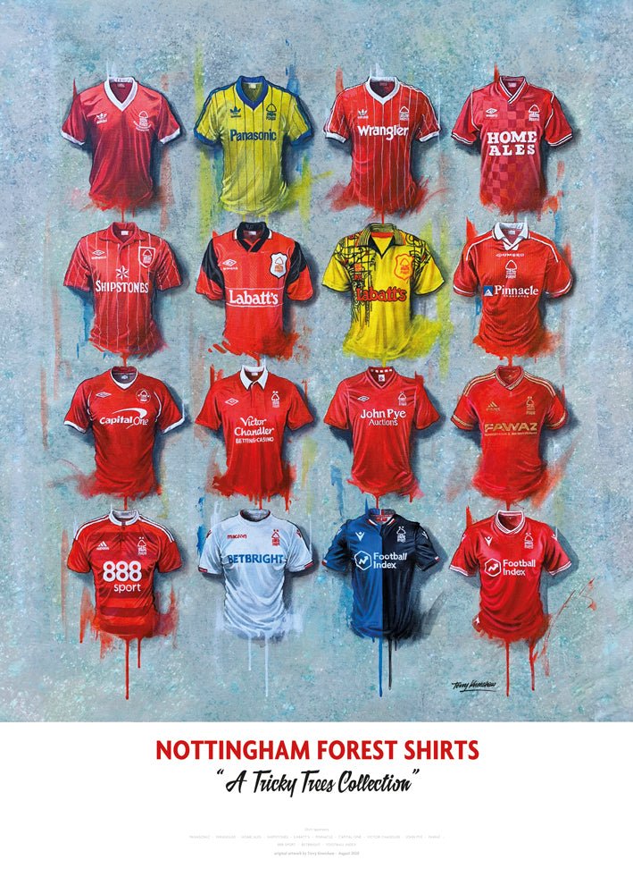 Limited edition signed print of Nottingham Forest FC shirts by Terry Kneeshaw Art, featuring detailed artwork of the jerseys.